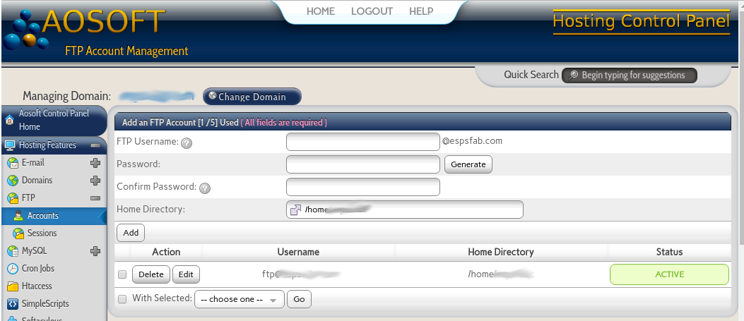Aosoft Control Panel - How to Add or Edit an FTP Account